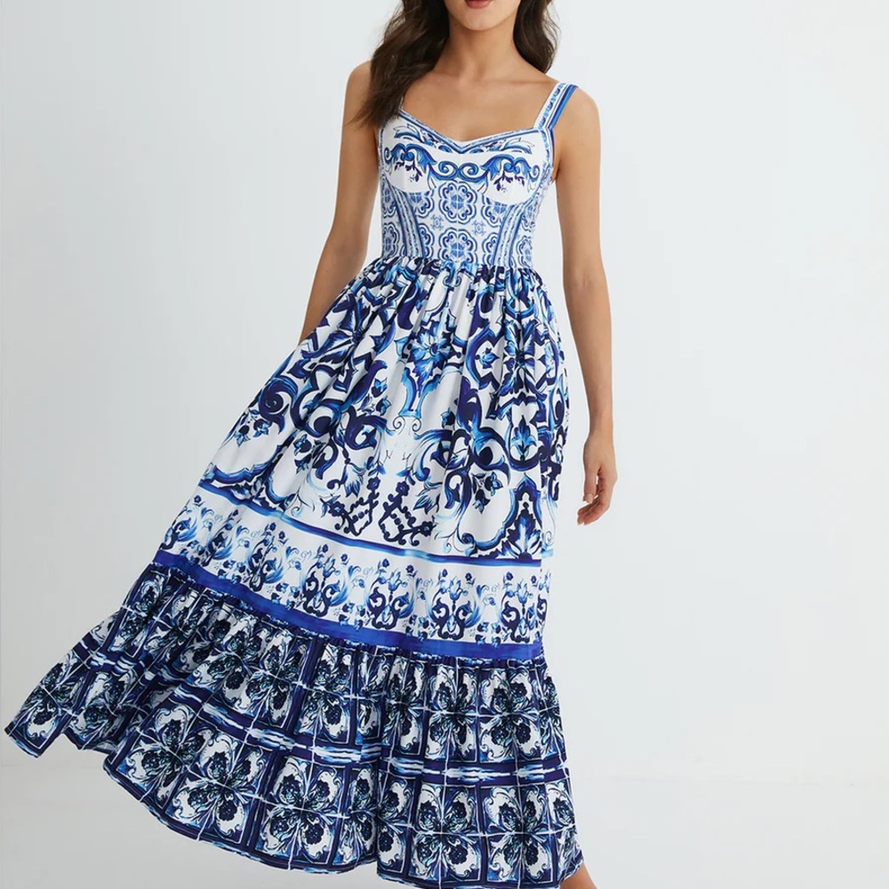 Commense Elegant Blue and White Women's Maxi Dress L/XL
